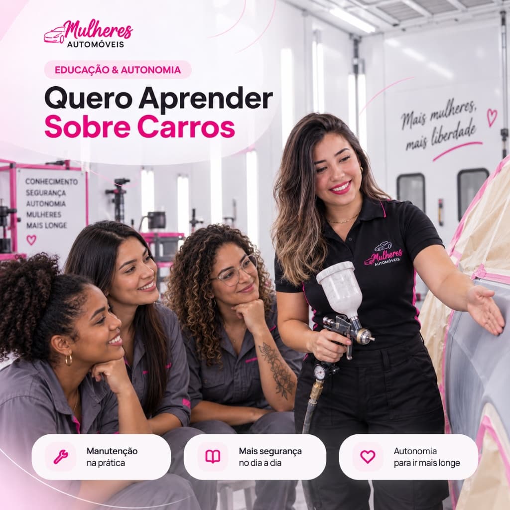 Mulheres na oficina participando do curso prático Quero Aprender Sobre Carros