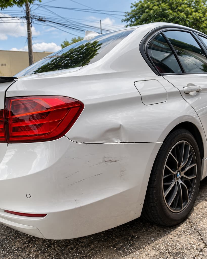 BMW 320i branca com quina do paralama traseiro amassada e arranhada sobre o para-choque