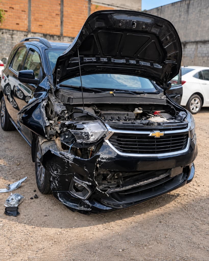 Chevrolet Spin preta com para-choque e lateral dianteira destruídos com capô aberto
