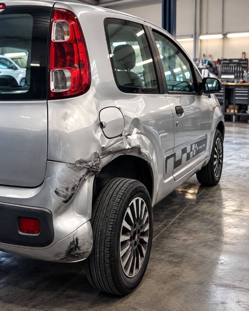 Fiat Uno prata com lateral traseira direita e para-choque severamente afundados e amassados