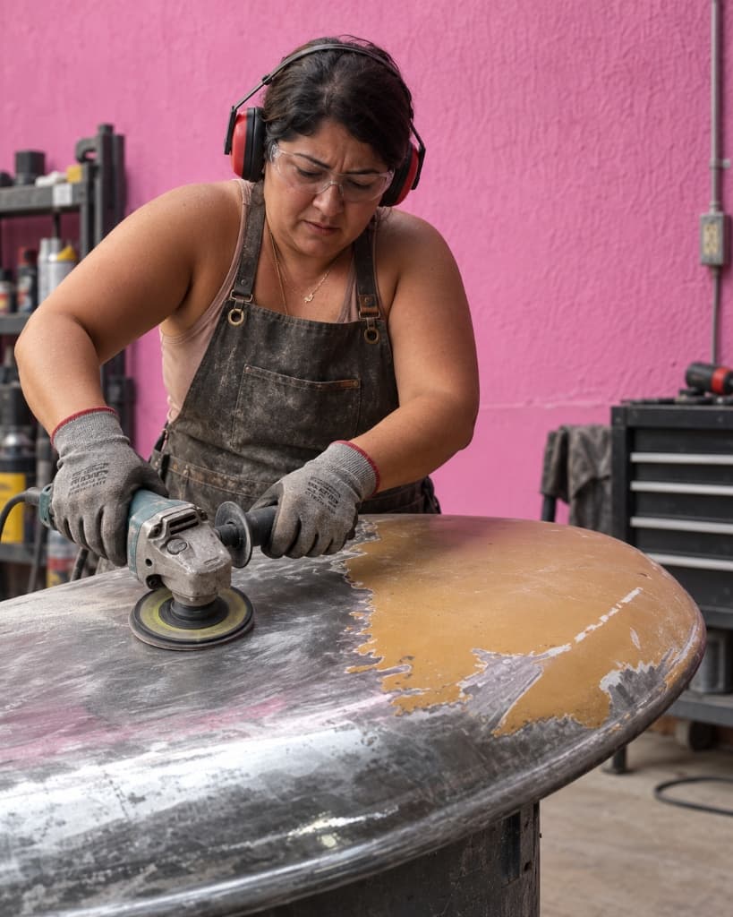 Profissional especialista em funilaria e pintura da oficina Mulheres Automóveis em ação com acabamento técnico